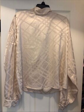Pinch Cream Satin Mock-Neck Blouse with Subtle Plaid Jacquard